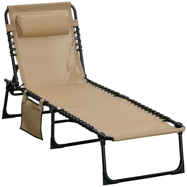 Outsunny Portable Sun Lounger, Folding Camping Bed Cot, Reclining Lounge Chair 5-position Adjustable Backrest w/ Pillow for Garden Beach Pool, Beige - image 1