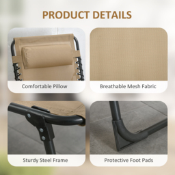Outsunny Portable Sun Lounger, Folding Camping Bed Cot, Reclining Lounge Chair 5-position Adjustable Backrest w/ Pillow for Garden Beach Pool, Beige - thumbnail 5