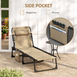 Outsunny Portable Sun Lounger, Folding Camping Bed Cot, Reclining Lounge Chair 5-position Adjustable Backrest w/ Pillow for Garden Beach Pool, Beige - thumbnail 7