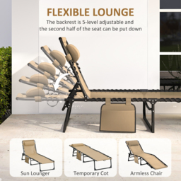 Outsunny Portable Sun Lounger, Folding Camping Bed Cot, Reclining Lounge Chair 5-position Adjustable Backrest w/ Pillow for Garden Beach Pool, Beige - thumbnail 4