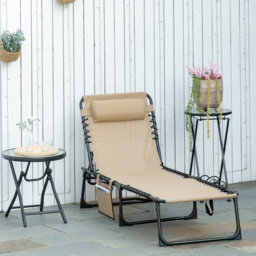 Outsunny Portable Sun Lounger, Folding Camping Bed Cot, Reclining Lounge Chair 5-position Adjustable Backrest w/ Pillow for Garden Beach Pool, Beige - thumbnail 2