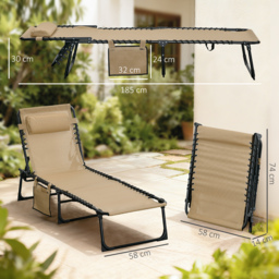 Outsunny Portable Sun Lounger, Folding Camping Bed Cot, Reclining Lounge Chair 5-position Adjustable Backrest w/ Pillow for Garden Beach Pool, Beige - thumbnail 3