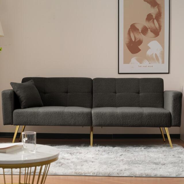 Modern Loveseat with Adjustable Backrest, Golden Legs, Side Pockets, Sherpa Fabric Convertible Sofa Bed, 176L x 64W x 75H cm, Dark Grey - Aosom.UK - image 1