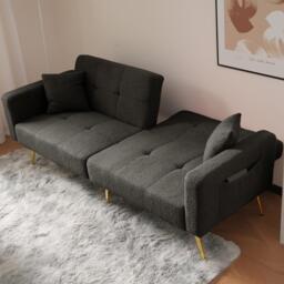 Modern Loveseat with Adjustable Backrest, Golden Legs, Side Pockets, Sherpa Fabric Convertible Sofa Bed, 176L x 64W x 75H cm, Dark Grey - Aosom.UK - thumbnail 5