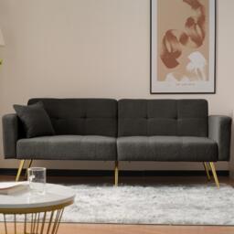 Modern Loveseat with Adjustable Backrest, Golden Legs, Side Pockets, Sherpa Fabric Convertible Sofa Bed, 176L x 64W x 75H cm, Dark Grey - Aosom.UK - thumbnail 1