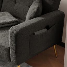 Modern Loveseat with Adjustable Backrest, Golden Legs, Side Pockets, Sherpa Fabric Convertible Sofa Bed, 176L x 64W x 75H cm, Dark Grey - Aosom.UK - thumbnail 9
