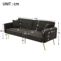 Modern Loveseat with Adjustable Backrest, Golden Legs, Side Pockets, Sherpa Fabric Convertible Sofa Bed, 176L x 64W x 75H cm, Dark Grey - Aosom.UK - thumbnail 3