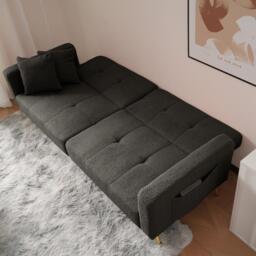 Modern Loveseat with Adjustable Backrest, Golden Legs, Side Pockets, Sherpa Fabric Convertible Sofa Bed, 176L x 64W x 75H cm, Dark Grey - Aosom.UK - thumbnail 7