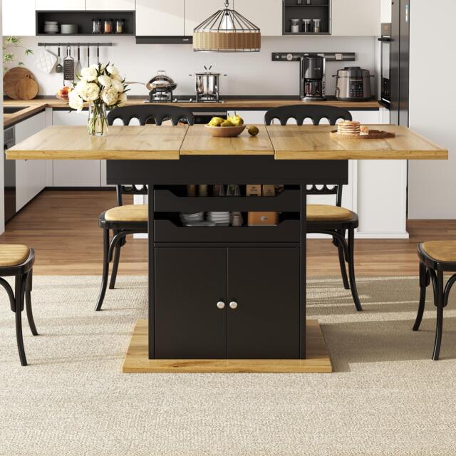 Telescopic Dining Table with Pull-Out Drawers & Integrated Cabinet, Extendable Kichen Table for 4-6 people, 110-140L x 80W x 76H cm, Black - Aosom UK - image 1