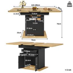 Telescopic Dining Table with Pull-Out Drawers & Integrated Cabinet, Extendable Kichen Table for 4-6 people, 110-140L x 80W x 76H cm, Black - Aosom UK - thumbnail 3