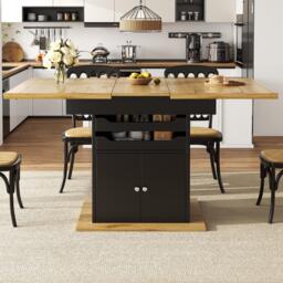 Telescopic Dining Table with Pull-Out Drawers & Integrated Cabinet, Extendable Kichen Table for 4-6 people, 110-140L x 80W x 76H cm, Black - Aosom UK - thumbnail 1