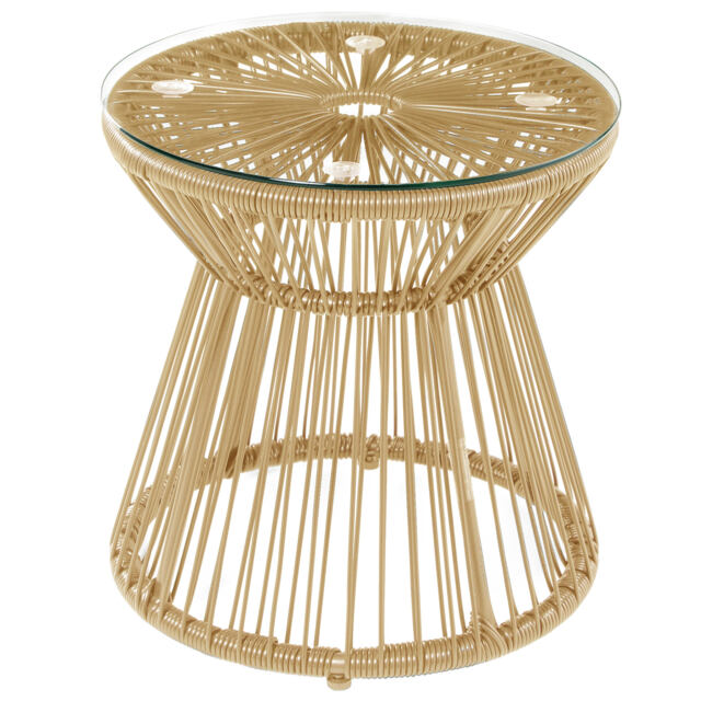 Outsunny Round End Table, Rattan Side Table, Hollow Drum Design Coffee Table w/ Glass Tabletop for Patio, Garden, Balcony Natural - image 1