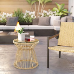 Outsunny Round End Table, Rattan Side Table, Hollow Drum Design Coffee Table w/ Glass Tabletop for Patio, Garden, Balcony Natural - thumbnail 2