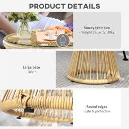 Outsunny Round End Table, Rattan Side Table, Hollow Drum Design Coffee Table w/ Glass Tabletop for Patio, Garden, Balcony Natural - thumbnail 6