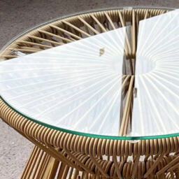 Outsunny Round End Table, Rattan Side Table, Hollow Drum Design Coffee Table w/ Glass Tabletop for Patio, Garden, Balcony Natural - thumbnail 9