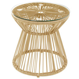 Outsunny Round End Table, Rattan Side Table, Hollow Drum Design Coffee Table w/ Glass Tabletop for Patio, Garden, Balcony Natural - thumbnail 1