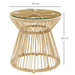 Outsunny Round End Table, Rattan Side Table, Hollow Drum Design Coffee Table w/ Glass Tabletop for Patio, Garden, Balcony Natural - thumbnail 3