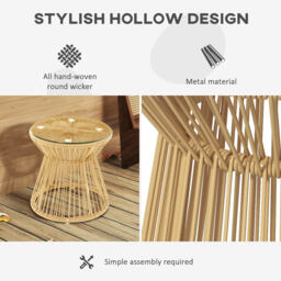 Outsunny Round End Table, Rattan Side Table, Hollow Drum Design Coffee Table w/ Glass Tabletop for Patio, Garden, Balcony Natural - thumbnail 5