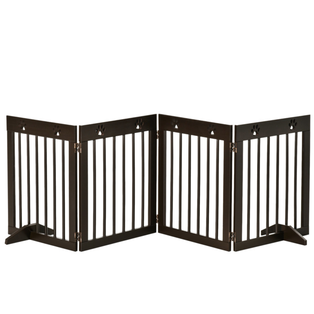 PawHut Freestanding Pet Gate 4 Panel Wooden Dog Barrier Folding Safety Fence with Support Feet up to 204cm Long 61cm Tall for Doorway Stairs Brown - image 1