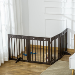 PawHut Freestanding Pet Gate 4 Panel Wooden Dog Barrier Folding Safety Fence with Support Feet up to 204cm Long 61cm Tall for Doorway Stairs Brown - thumbnail 7