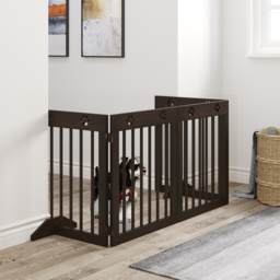 PawHut Freestanding Pet Gate 4 Panel Wooden Dog Barrier Folding Safety Fence with Support Feet up to 204cm Long 61cm Tall for Doorway Stairs Brown - thumbnail 2