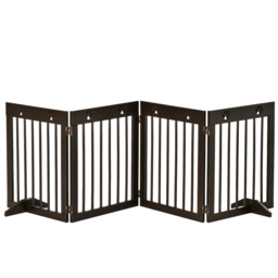 PawHut Freestanding Pet Gate 4 Panel Wooden Dog Barrier Folding Safety Fence with Support Feet up to 204cm Long 61cm Tall for Doorway Stairs Brown - thumbnail 1