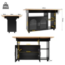Mobile Kitchen Island with Folding Dining Tops and Storage, Multifunctional Dining Trolley for Modern Home, 120L x 30-70W x 79.5H cm, Black - Aosom UK - thumbnail 3