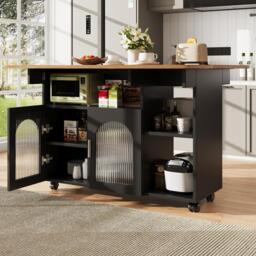 Mobile Kitchen Island with Folding Dining Tops and Storage, Multifunctional Dining Trolley for Modern Home, 120L x 30-70W x 79.5H cm, Black - Aosom UK - thumbnail 8