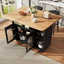 Mobile Kitchen Island with Folding Dining Tops and Storage, Multifunctional Dining Trolley for Modern Home, 120L x 30-70W x 79.5H cm, Black - Aosom UK - thumbnail 7