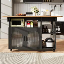 Mobile Kitchen Island with Folding Dining Tops and Storage, Multifunctional Dining Trolley for Modern Home, 120L x 30-70W x 79.5H cm, Black - Aosom UK