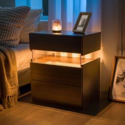 Modern Nightstand with Acrylic Board and 3 Slide Drawers, Bedside Table Cabinet with Multi-Colour LED Light, 50L x 37.5W x 60H cm, Walnut - Aosom.UK