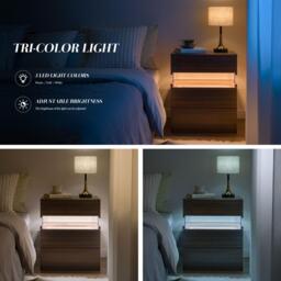 Modern Nightstand with Acrylic Board and 3 Slide Drawers, Bedside Table Cabinet with Multi-Colour LED Light, 50L x 37.5W x 60H cm, Walnut - Aosom.UK - thumbnail 4