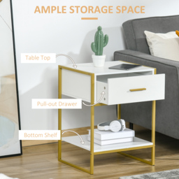 HOMCOM Contemporary Bedside Cabinet with Drawer and Shelf, Chic Storage Organiser for Bedroom or Living Room, White and Gold - thumbnail 6
