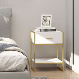 HOMCOM Contemporary Bedside Cabinet with Drawer and Shelf, Chic Storage Organiser for Bedroom or Living Room, White and Gold - thumbnail 2