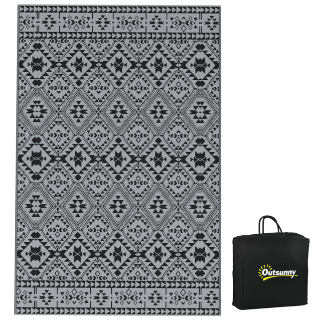 Outsunny Reversible RV Outdoor Rug, Plastic Straw, with Carry Bag, 182 x 274cm, Black and Grey - Aosom UK - image 1