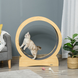 PawHut Cat Treadmill, Wooden Cat Exercise Wheel with Carpeted Runway, Cat Running Wheel, Cat Tree for Physical Activity, Natural Wood - Aosom UK - thumbnail 2
