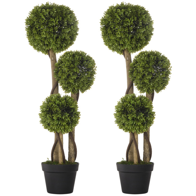 HOMCOM Set of 2 Decorative Artificial Plants, Boxwood Ball Topiary Trees in Pot Fake Plants for Home, Indoor&Outdoor Decor, 90 cm, Light Green - image 1