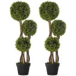 HOMCOM Set of 2 Decorative Artificial Plants, Boxwood Ball Topiary Trees in Pot Fake Plants for Home, Indoor&Outdoor Decor, 90 cm, Light Green - thumbnail 1