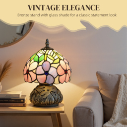 HOMCOM Tiffany-Style Table Lamp with Sculpted Dragonfly Base, Handcrafted Antique Stained Glass Bedside Lamp for Living Room and Bedroom, E27 Socket, Pink - thumbnail 4