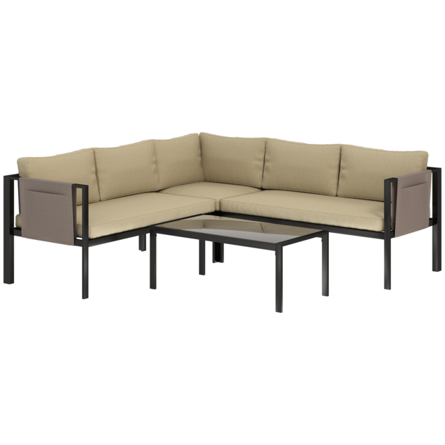 Outsunny 4 Piece Metal Garden Furniture Set with Tempered Glass Coffee Table, Breathable Mesh Pocket, Outdoor Conversational Corner Sofa Loveseat with Padded Cushions, Khaki - image 1