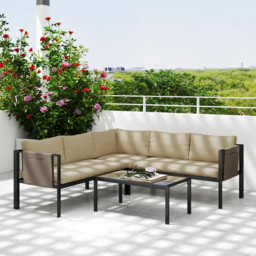Outsunny 4 Piece Metal Garden Furniture Set with Tempered Glass Coffee Table, Breathable Mesh Pocket, Outdoor Conversational Corner Sofa Loveseat with Padded Cushions, Khaki - thumbnail 8
