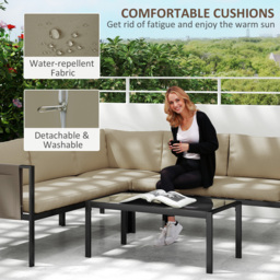 Outsunny 4 Piece Metal Garden Furniture Set with Tempered Glass Coffee Table, Breathable Mesh Pocket, Outdoor Conversational Corner Sofa Loveseat with Padded Cushions, Khaki - thumbnail 6