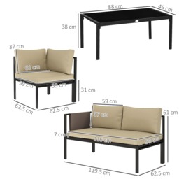 Outsunny 4 Piece Metal Garden Furniture Set with Tempered Glass Coffee Table, Breathable Mesh Pocket, Outdoor Conversational Corner Sofa Loveseat with Padded Cushions, Khaki - thumbnail 3