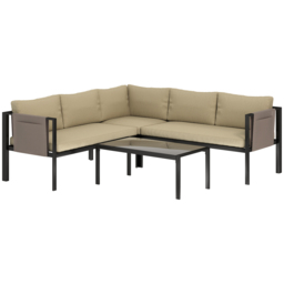 Outsunny 4 Piece Metal Garden Furniture Set with Tempered Glass Coffee Table, Breathable Mesh Pocket, Outdoor Conversational Corner Sofa Loveseat with Padded Cushions, Khaki
