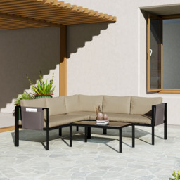 Outsunny 4 Piece Metal Garden Furniture Set with Tempered Glass Coffee Table, Breathable Mesh Pocket, Outdoor Conversational Corner Sofa Loveseat with Padded Cushions, Khaki - thumbnail 2