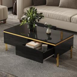 Spacious Coffee Table with 2 Hidden Drawers, Versatile Room Table for Italian-Style Rooms or Cream-Toned Spaces, 100L x 50W x 36H cm, Black - Aosom UK - thumbnail 7