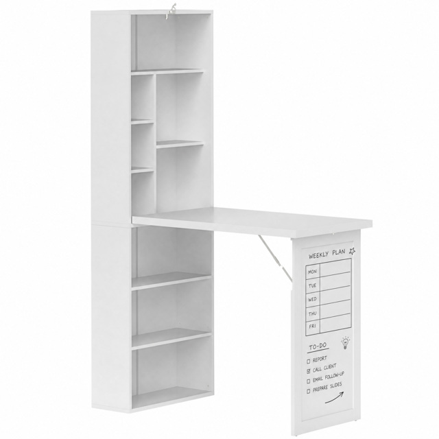HOMCOM Fold Out Desk with Shelf & Writing Board Folding Office Desk Space-saving Design for Small Rooms or Multipurpose Corners, White - Aosom UK - image 1