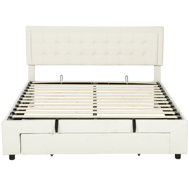 HOMCOM King Size Ottoman Bed Frame, with Front Drawer - Cream - image 1