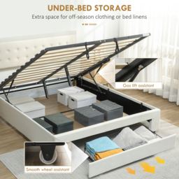 HOMCOM King Size Ottoman Bed Frame, with Front Drawer - Cream - thumbnail 4