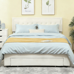 HOMCOM King Size Ottoman Bed Frame, with Front Drawer - Cream - thumbnail 2